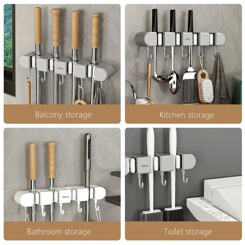 Wall-Mounted Mop and Broom Holder with Hook - Home Organisation Storage