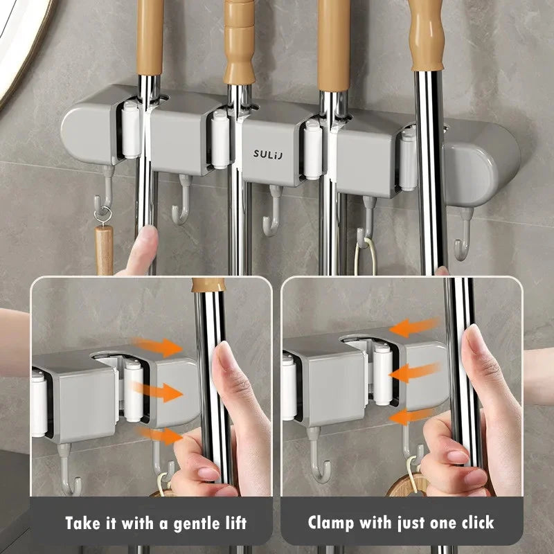 Wall-Mounted Mop and Broom Holder with Hook - Home Organisation Storage