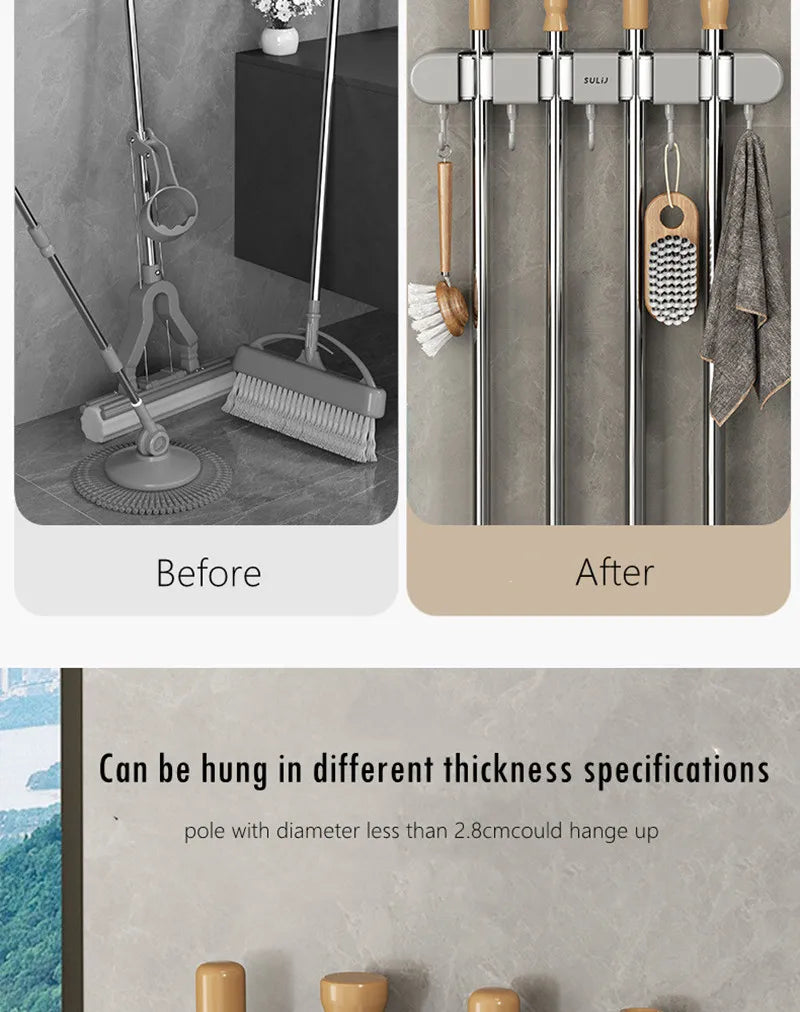 Broom Holder With Hook - Wall Mounted Broom Holder - Mop and Broom Organizer