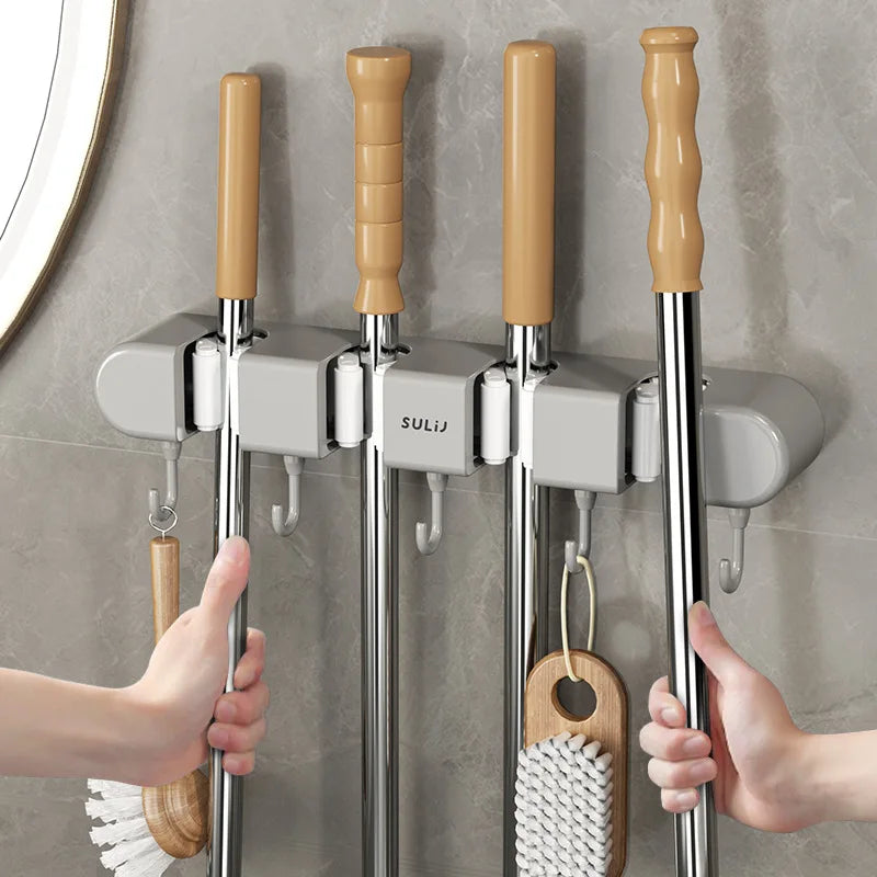 Broom Holder With Hook - Wall Mounted Broom Holder - Mop and Broom Organizer
