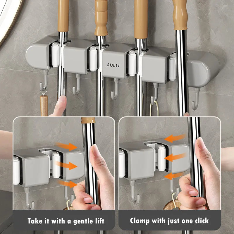 Broom Holder With Hook - Wall Mounted Broom Holder - Mop and Broom Organizer
